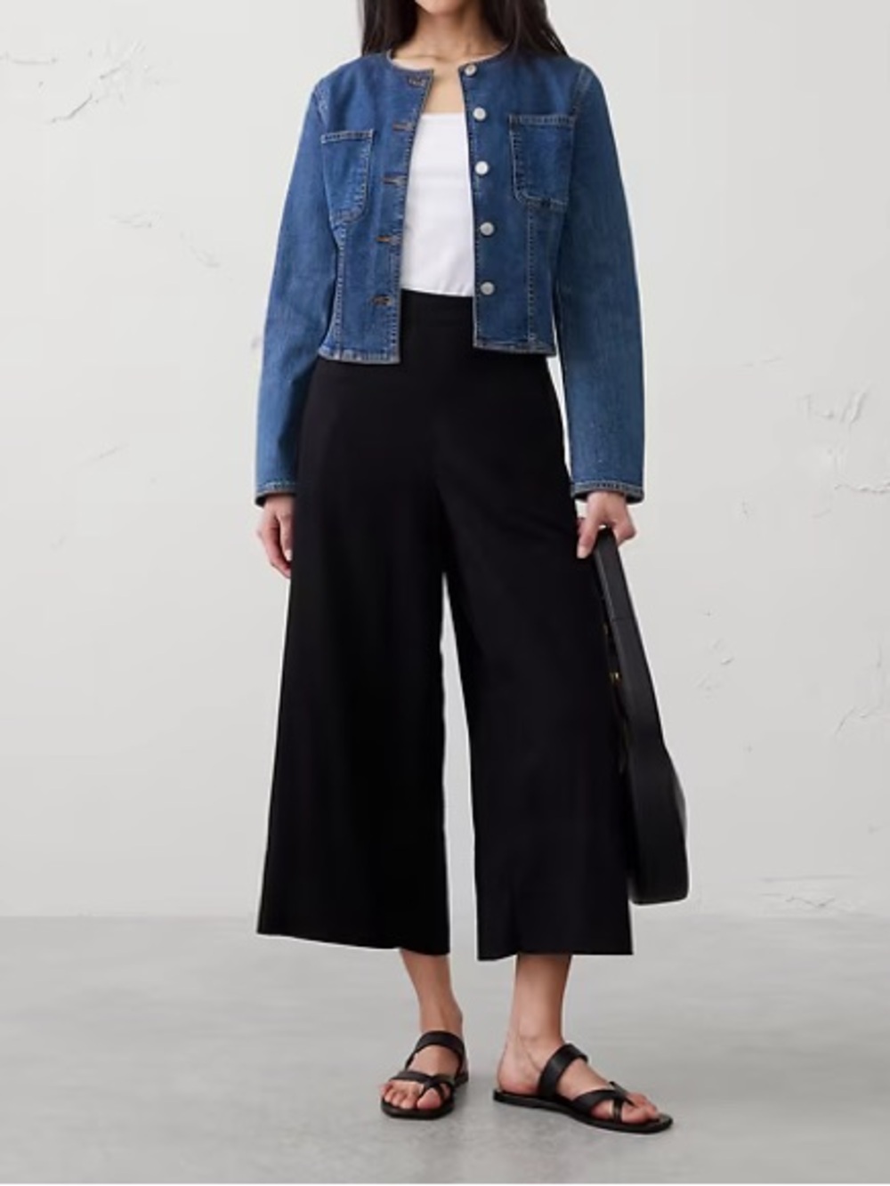 Banana Republic Wide Leg Linen Blend Cropped Pull On Pant Coastal Black Vacay M